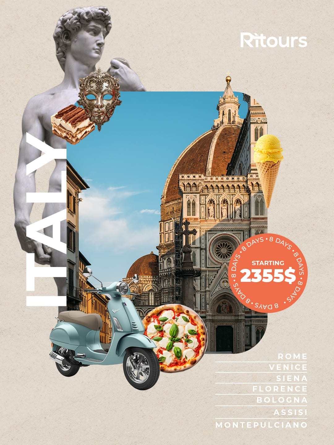 Italy tour package, 8 days, starting from $2355 - Rome, Venice, Siena, Florence, Bologna, Assisi, Montepulciano